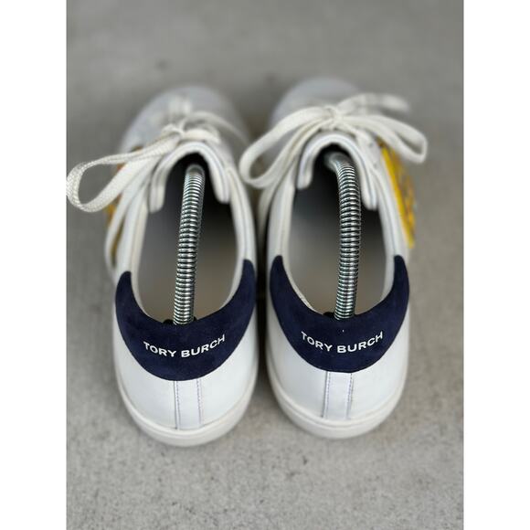 Tory Burch Women’s 9.5M Leather T Logo Platform Sneakers in White/Navy Multi - Picture 7 of 9